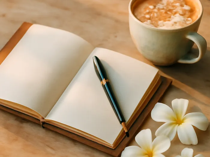 Carnet et tasse de thé thaï posés sur une table en bois clair