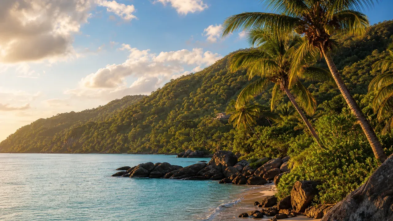 Plage tropicale avec eau turquoise, végétation dense et reliefs en arrière-plan