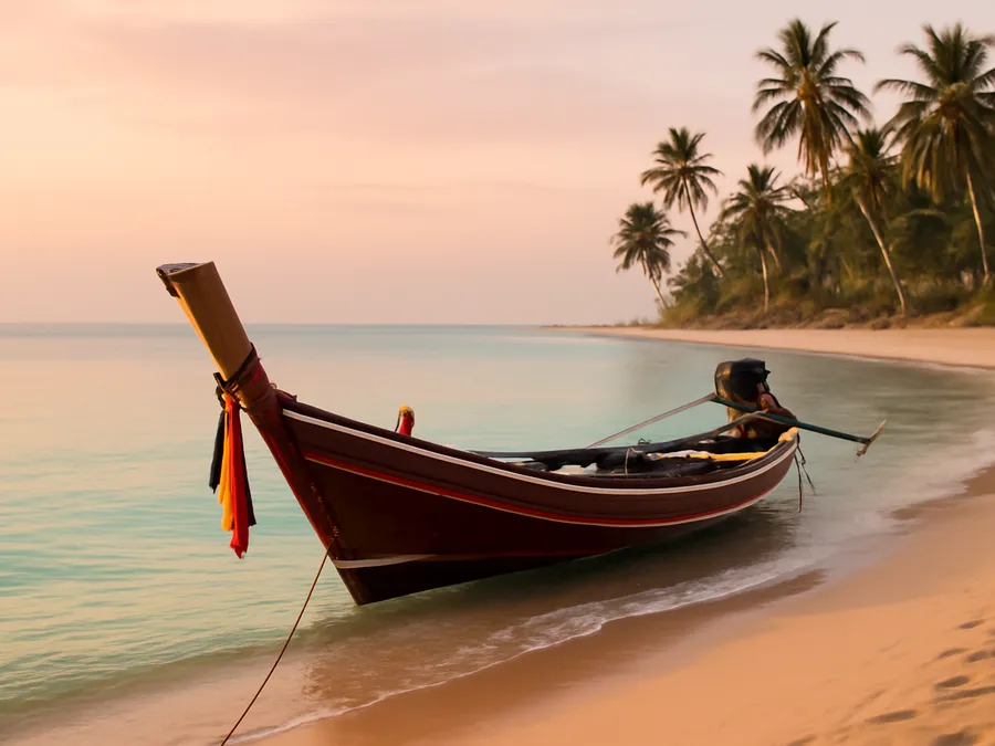 Long tail boat amarré sur une plage de Koh Samui au lever du soleil